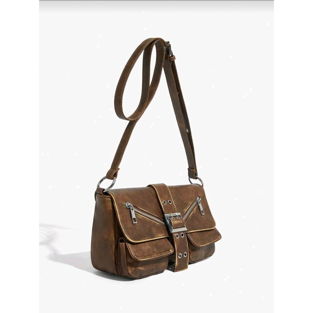 Distressed‎ Brown Faux Leather Moto Utility Buckle Shoulder Bag Crossbody